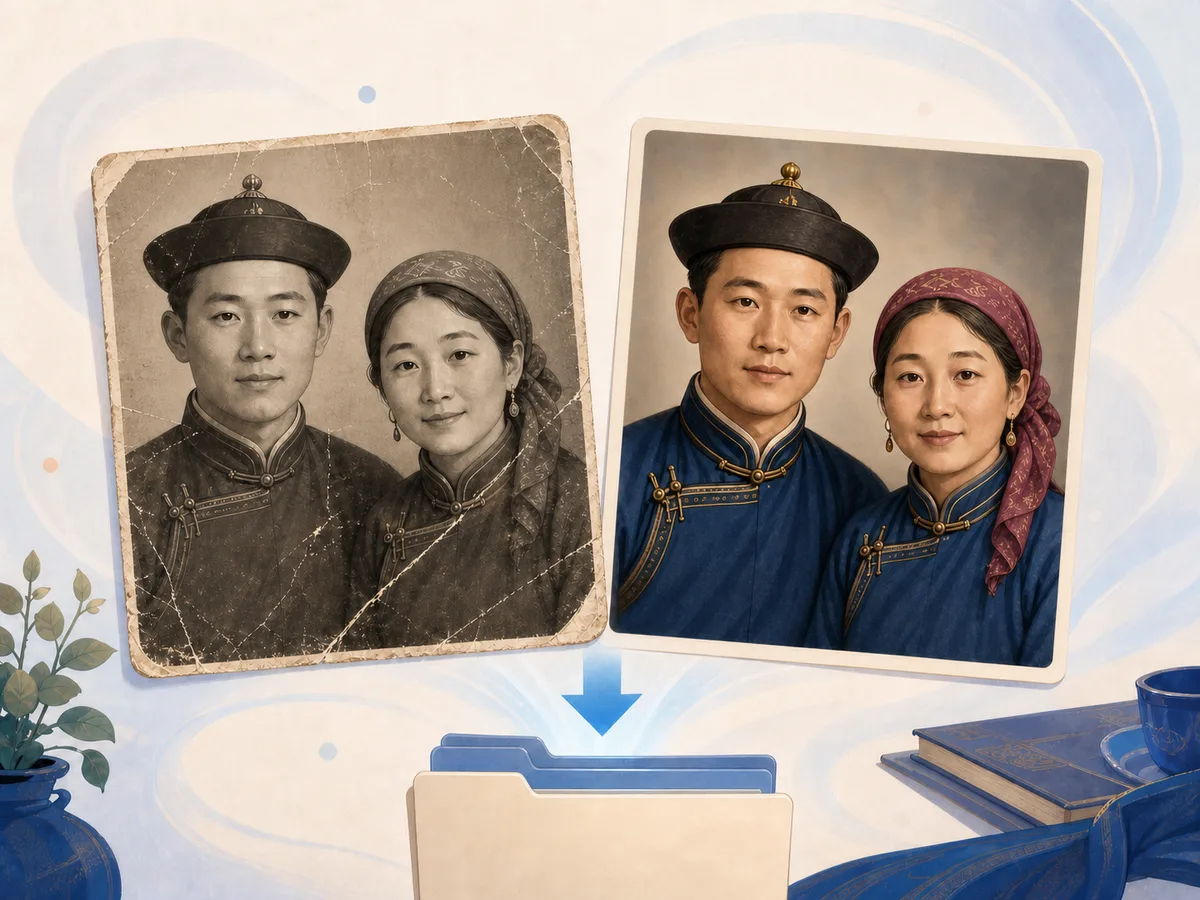 A damaged monochrome photo compared with its colorful restored result